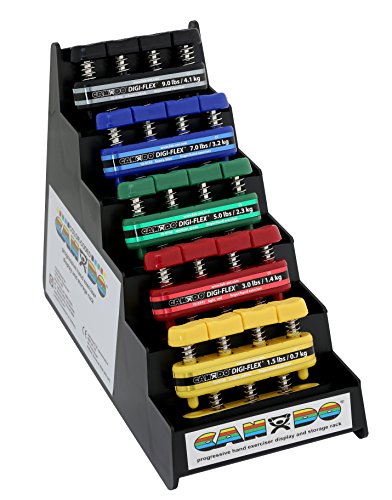 CanDo Digi-Flex Hand and Finger Exerciser 5 Piece Set X-Light - X-Heavy Resistance with Plastic Storage Rack- For Dexterity, Strength, and Flexibility for Fingers, Hands, and Forearms