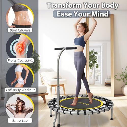 SkyBound Mini Rebounder Trampoline for Adults Foldable Fitness Rebounder with Adjustable T-Bar Handle - 40" Exercise Trampoline for Kids & Adults - Indoor Fitness Trampoline for Workout Trainer - style: Elite