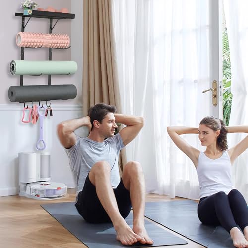Yoga Mat Holder Wall Mount - 4 Tier Home Gym Storage Rack with Shelf & 5 Hooks, Gym Equipment Organizer & Wall Storage for Workout Room Decor