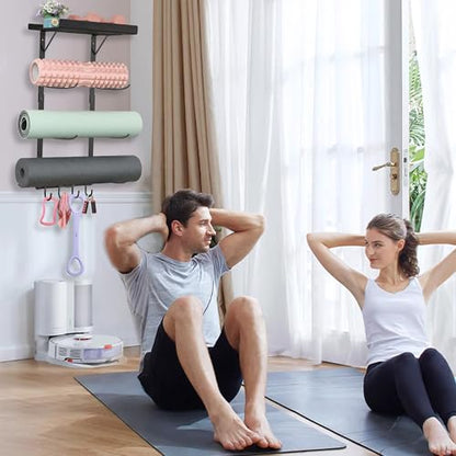 Yoga Mat Holder Wall Mount - 4 Tier Home Gym Storage Rack with Shelf & 5 Hooks, Gym Equipment Organizer & Wall Storage for Workout Room Decor