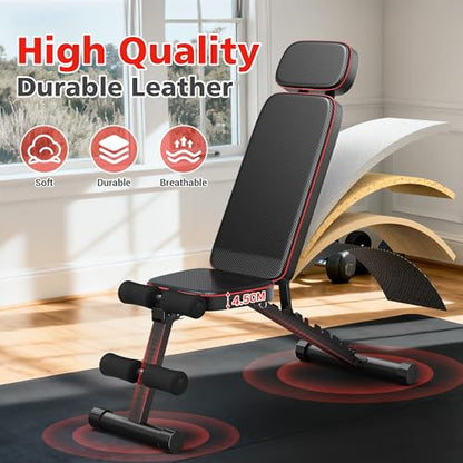 XDDIAS Workout Bench, 10 Backrests Adjustable Weight Bench with Extended Headrest, 800LBS Foldable Weight Bench for Home Gym, Incline Decline Flat Bench Compact for Small Space Training - color: Black