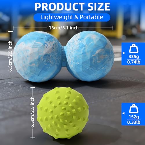 Peanut & Spiky Massage Ball Set, Double Lacrosse Peanut Roller + Firm Spiky Ball for Deep Tissue Myofascial Release, Trigger Point Therapy, Plantar Fasciitis & Muscle Recovery (Blue+Yellow) - color: Blue+yellow
