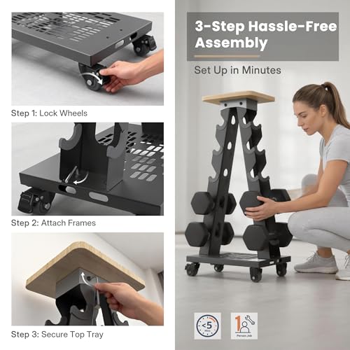 Vertical Dumbbell Rack Stand with Wheels, 5-Tier A-Frame Mobile Weight Storage for Dumbbells, 300LBS Capacity Professional Solid Steel with Training Assist Platform & Bottom Tray, Perfect for Home Gym Fitness Organization (Rack Only)