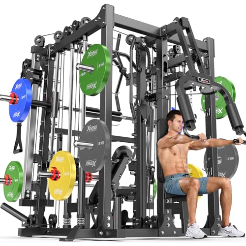 XGSW Smith Machine Home Gym, Multi-Function Power Cage with Dual Pulley Cable Crossover System,Squat Rack for Full-Body Workouts - color: L07, size: Black---Smith Machine+bench+(pole+Color BP)400LBS