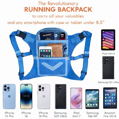 Running Mini Backpack Vest for Men & Women - Hi-viz gear, Holds Valuables, any Phone - Ideal for Fitness, Walking, Cycling! - color: Sky Blue