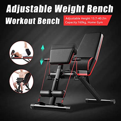 Weight Bench, Foldable Workout Bench Multi-functional Full Body Workout Equipment 352.74 Lbs Weight Capacity 7-Position Adjustable Height Hook and Loop Feet for Fitness Enthusiasts