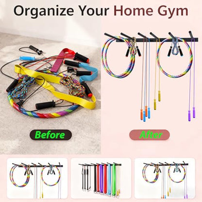 Wall Mounted Jump Rope Rack - 6 Peg Heavy-Duty Metal Gym Organizer for Resistance Bands, Hoops, and Ropes - Black Finish - Home/Gym Storage