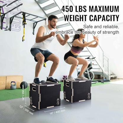 Plyometric Jump Box, 3-in-1 Wooden Plyo Box 16/14/12 Inch, Agility Platform, Step Up Box for Gym, Strength & Conditioning, Home Fitness, Black