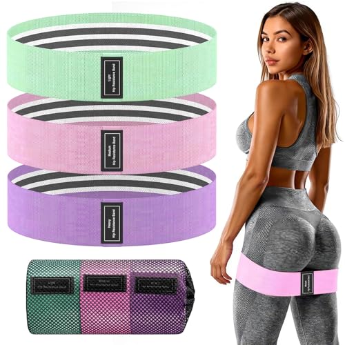 Wide Fabric Resistance Bands for Working Out | 3 Strength Level Non-Slip Exercise Booty Bands for Women & Men | Comes with a Bag and Tape Measure | for Gym, Yoga, Pilates - color: Pink