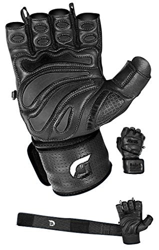Elite Leather Gym Gloves with Built in 2" Wide Wrist Wraps Grip & Design for Weightlifting Power Lifting Bodybuilding & Strength Training Workout Exercises