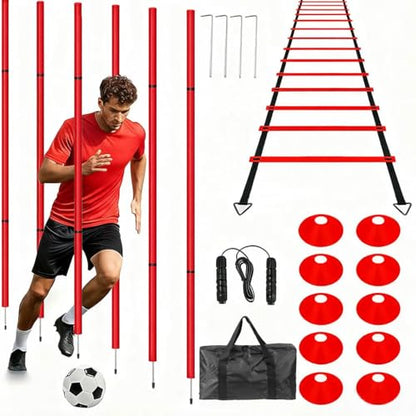 Soccer Agility Training Equipment, 6 Adjustable Soccer Training Agility Poles, 1 Speed Agility Ladder,10 Soccer Agility Cones for Training, 1 Jump Rope + Storage Bag for Youth Soccer Drills