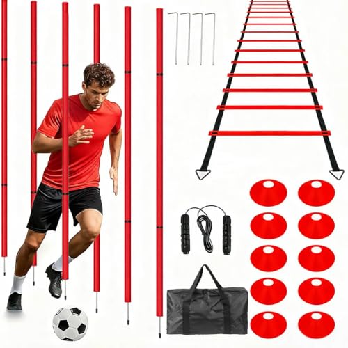 Soccer Agility Training Equipment, 6 Adjustable Soccer Training Agility Poles, 1 Speed Agility Ladder,10 Soccer Agility Cones for Training, 1 Jump Rope + Storage Bag for Youth Soccer Drills
