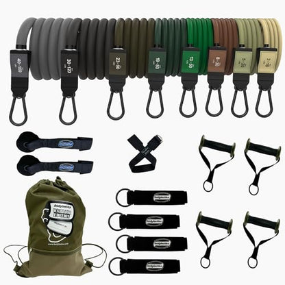 Bodylastics Patented Basic Series Resistance Band Set - Resistance Bands with Snap Reduction Tech, 2 Handles, 2 Ankle Straps, 1 Door Anchor & 1 Carry Bag - color: PRO 3-560LBS Set Camo