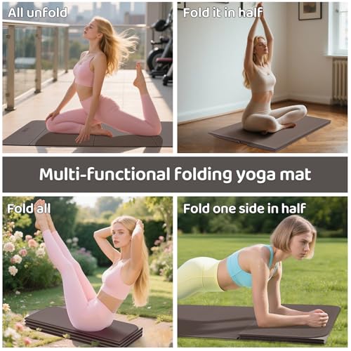 Foldable Yoga Mat Exercise Mat for Home Workout, Comfortable and Durable, 8mm Thick Portable Folding Mat, Non-Slip, Pilates Mat Thick, Outdoor Use, Meditation, Travel, Camping (71"x24" x 0.3") (Milk Coffee + Black) (Brown+Black)
