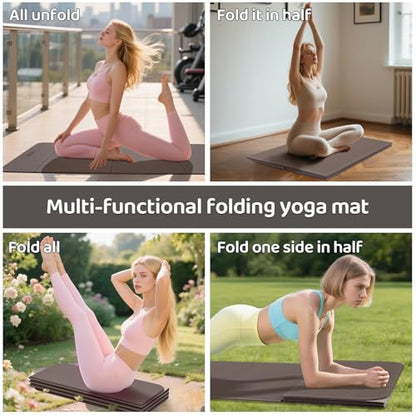 Foldable Yoga Mat Exercise Mat for Home Workout, Comfortable and Durable, 8mm Thick Portable Folding Mat, Non-Slip, Pilates Mat Thick, Outdoor Use, Meditation, Travel, Camping (71"x24" x 0.3") (Milk Coffee + Black) (Brown+Black)