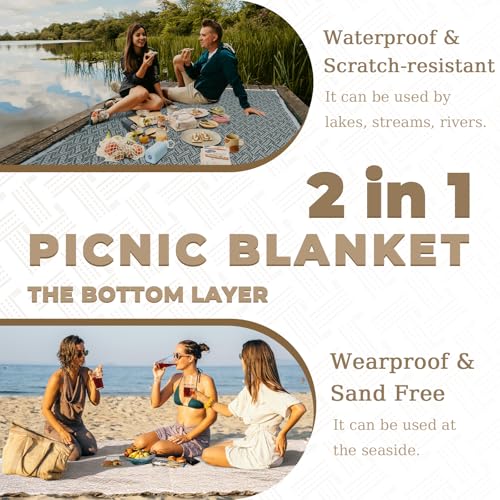 Genovega 2 in 1 Extra Large Rug Outdoor Picnic Blanket Waterproof Woven Boho Mat Giant Beach Towel Travel Essential Yoga Accessories Park Patio Lawn Garden Ground Music Festival Concert Must Have