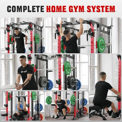 RitFit Buffalo Smith Machine, Power cage with LAT-Pull Down System & Cable Crossover System, All-in-One Squat Rack for Home Gym, Power Rack - color: RED, size: Package(With CP370)