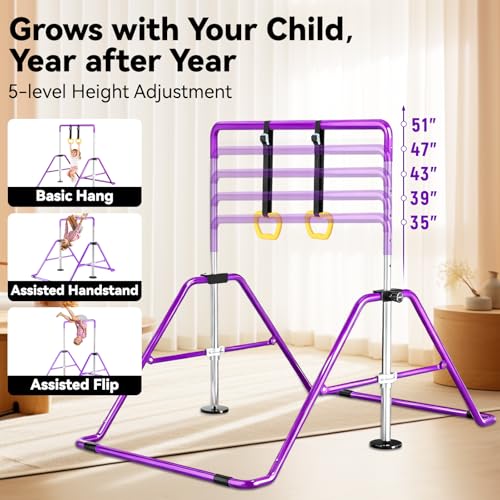 Kids Gymnastics Bar Gymnastic Equipment for Home Adjustable Height Gymnastic Training Bar Gymnastic Stuff for 3-7 Years Old Girls - color: Purple with ring