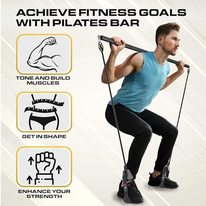 Pilates Bar Kit with Resistance Bands for Women & Men(30,40,50 Lbs), Pilate Bar with Non-Slip Foot Belts, 3-Section Pilates Bar Workout Equipment for Legs, Hip, Waist and Arm