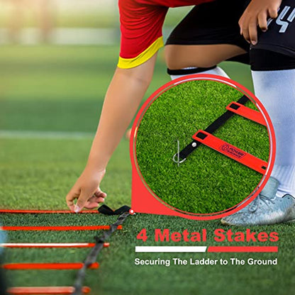 POWER GUIDANCE Agility Ladder (20 Feet) with Cones for Speed Agility Training & Quick Footwork Exercise - Soccer & Football Training Equipment for Adults, Youth & Kids - color: Red