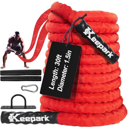 Battle Ropes for Home Gym Exercise - 1.5 Inch Diameter 30FT Red Battle Rope Workout Exercise Training Ropes with Protective Sleeve for Kids Men Women Exercise Fitness & Strength Training