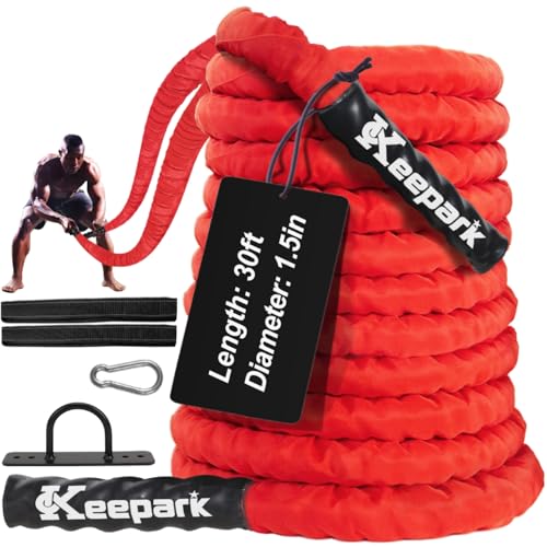 Battle Ropes for Home Gym Exercise - 1.5 Inch Diameter 30FT Red Battle Rope Workout Exercise Training Ropes with Protective Sleeve for Kids Men Women Exercise Fitness & Strength Training - style: 1.5IN-30FT-Red