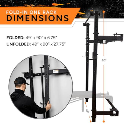 PRx Performance Wall Mounted Folding Power Squat Rack - Heavy Duty Adjustable Pull Up Bar, Space Saving Home Gym Equipment with Durable J-Cups, Ideal for Weight Lifting and Strength Training - Black