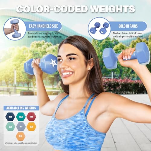 Yes4All Vinyl Hexagon Dumbbell - Dumbbells Set of 2 Hand Weights for Home Gym & Strength Training (2-15 lbs Weight Options) - color: C. 5 lbs - Little Boy Blue - Pair