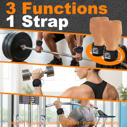 Weight Lifting Wrist Straps with Sliding D-Ring, Leather Palm Grip, Wrist Support, Adjustable Connection Angle for Weightlifting, Cable Flys & Full-Body Workouts, 2mm Genuine Leather Palm & 7mm Neoprene Wrist Padding, Anti-Slip for Men Women