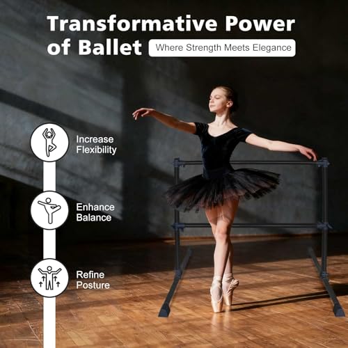 4FT Freestanding Ballet Barre,Adjustable Height 6.7–46", Portable Double Dance Bar for Home Ballet Training,Stretching, Pilates,Kids & Adults – Non-Slip, Easy Assembly & Storage - color: Black + Steel