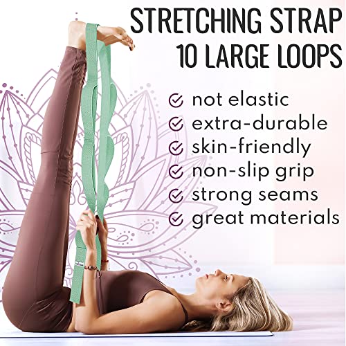 [NEW 2023] TECEUM Yoga Stretching Strap 10 Loops Non-Elastic Strap - Home Workout Stretch Strap for Physical Therapy, Yoga, Pilates cttn 1 in LtG | Non-Elastic Yoga Stretch Band for Hamstring, Leg, Hip & Knee Rehab, Pilates, Flexibility & Mobility Exercis