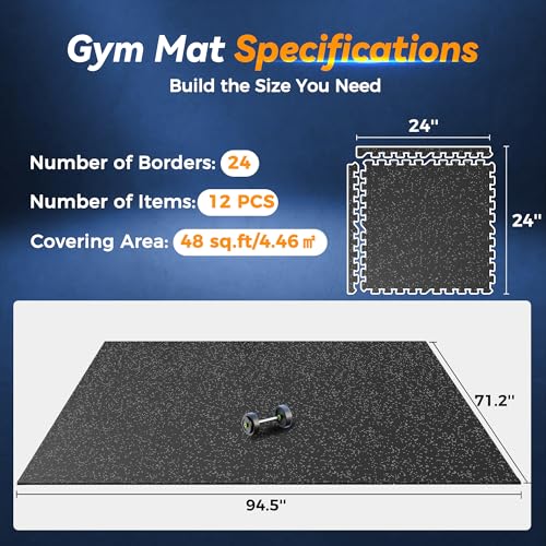 SUPERJARE 1" Extra-Thick Rubber Top Exercise Mat, Gym Flooring for Home Gym - size: 12 Tiles (48 Sq Ft)