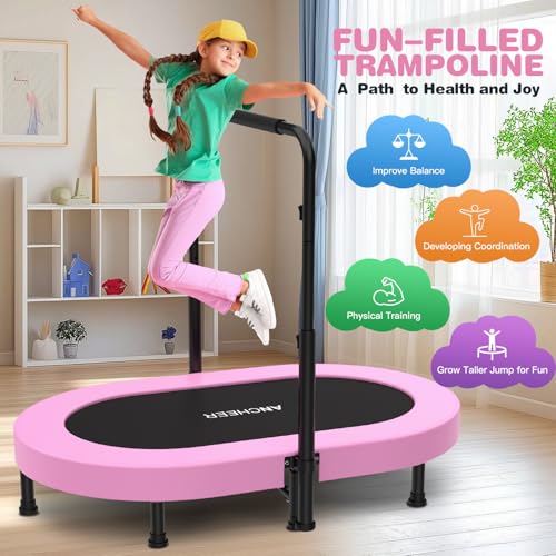 ANCHEER Trampoline, Mini Trampoline with Adjustable Handle -Indoor/Outdoor Rebounder for Kids & Toddlers, 56'' Safe Oval Fitness Trampoline with Bar for Home Fun