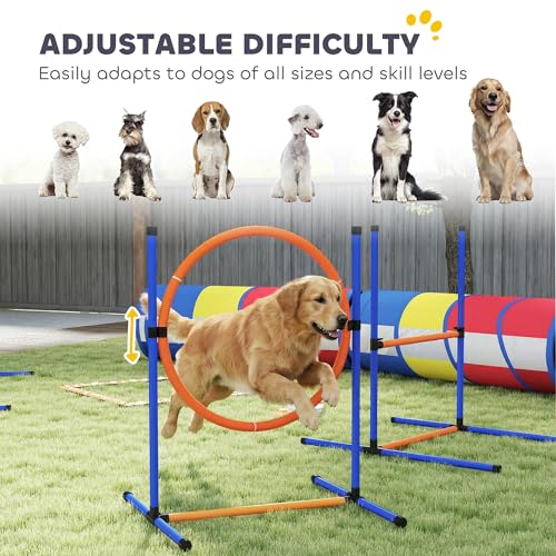 PawHut Dog Agility Training Equipment, 12-Piece Dog Obstacle Course with Adjustable Hurdle & Ring, 4 Tunnels, Weave Poles, Pause Box, Treat Bag, Bowl and Carrying Bag for Indoor Outdoor Use