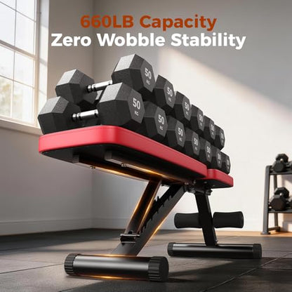 Adjustable Weight Bench for Home Gym, 660LBS Stable Workout Bench with 8 Backrest for Full Body Dumbbell & Bench Press Training, Compact Foldable Strength Bench for Small Spaces Apartments