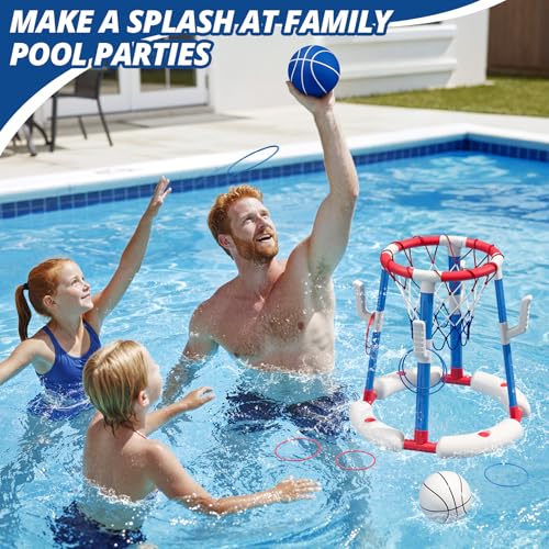 HYES 2 in 1 Pool Basketball Hoop with Ring Toss, Floating Pool Toys, Red - style: without backboard