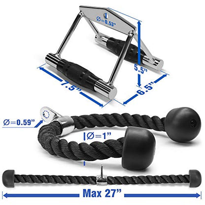 Yes4All Cable Machine Attachment, Row Handles, Tricep Rope, Straight Bar, V Bar, LAT Pulldown Accessories Load 880 LB for Home Gym - color: B. Double D Handle + TricepRope