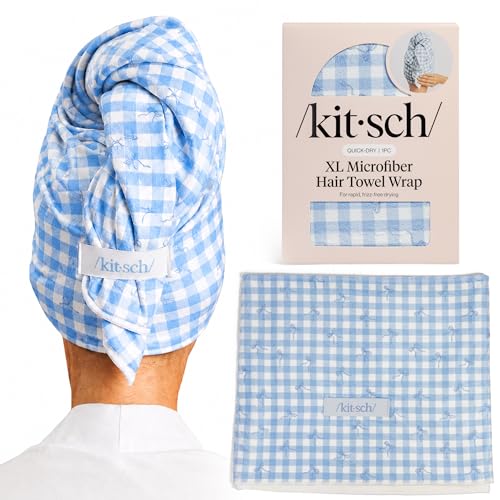 Kitsch XL Microfiber Hair Towel Wrap for Women - color: Gingham Blue