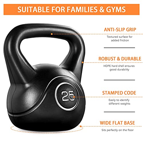 Yaheetech 25lbs Kettlebell Weight w/HDPE Coated & Wide Flat Base, Kettle Bell Weights w/Ergonomic Handle for Home Gym Fitness Workout Bodybuilding Weight Lifting, Black
