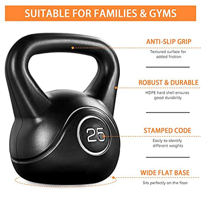 Yaheetech 25lbs Kettlebell Weight w/HDPE Coated & Wide Flat Base, Kettle Bell Weights w/Ergonomic Handle for Home Gym Fitness Workout Bodybuilding Weight Lifting, Black