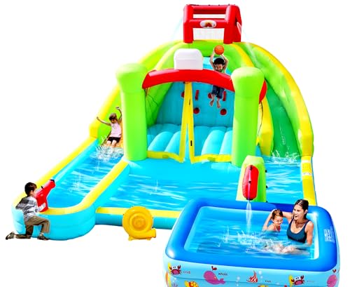 WELLFUNTIME Inflatable Water Double Slides Park with Blower, Bouncy Castle with Rock Climbing, Jumping Area for Basketball