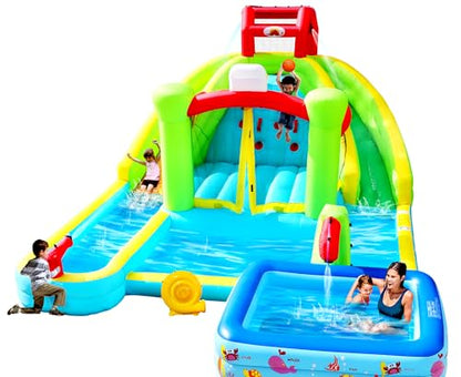 WELLFUNTIME Inflatable Water Double Slides Park with Blower, Bouncy Castle with Rock Climbing, Jumping Area for Basketball