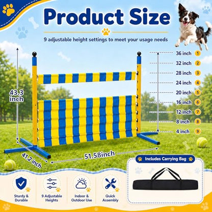 Dog Agility Jump Set, Metal Adjustable Dog Agility Equipment with 9 Height Levels, Extra Stable Foldable Dog-Hurdle Training Equipment for Backyard&Indoor Hurdles Jump, Carrying Bag Included