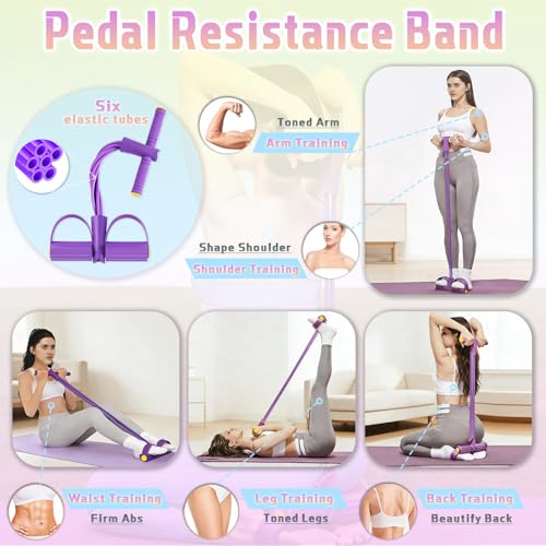 5 Pcs Resistance Bands Set, Foot Pedal Resistance Band with Handles, Workout Elastic Exercise Bands for Ab, Waist, Arm, Leg, Women Fitness Stretch Bands for Pilates, Yoga at Home, Gym