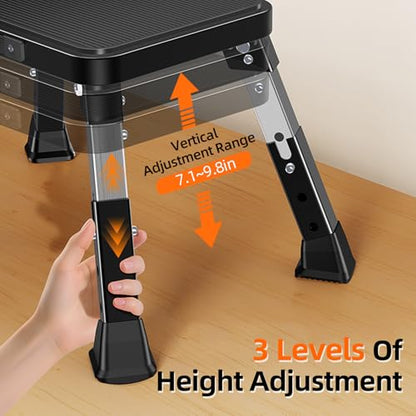 Foldable RV Step Stool, Adjustable Height 6.7-9.1in,Heavy Duty Metal Step Ladder with Wide Non-Slip Platform, Portable for Camping Home Office Use,Single Step Stool Supports 500lbs（Black）