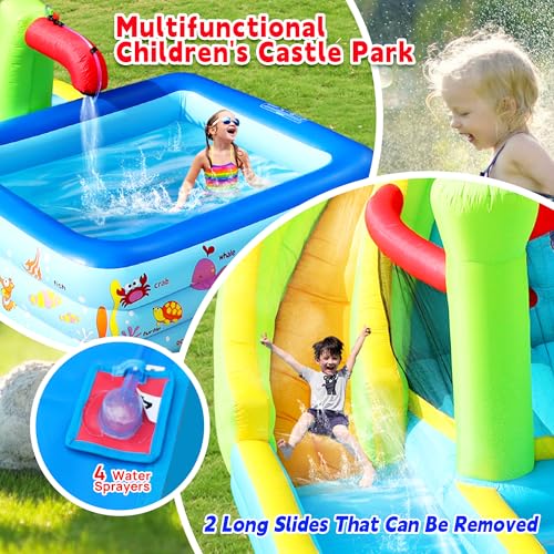WELLFUNTIME Inflatable Water Double Slides Park with Blower, Bouncy Castle with Rock Climbing, Jumping Area for Basketball