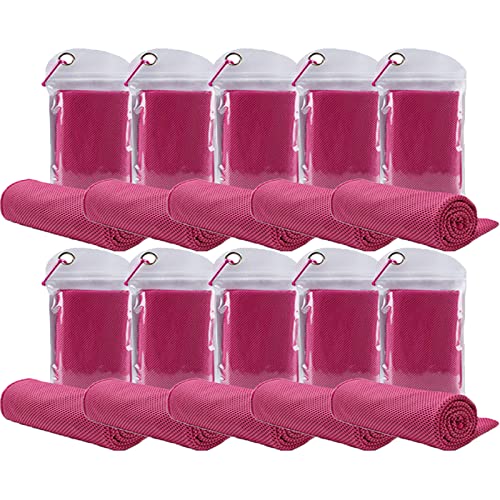 10 Pack Cooling Towels Bulk Microfiber Ice Towel Quick Dry Breathable Chilly Sweat Towel Stay Cool for Neck Face Yoga Gym Workout Running Pilates Beach with Carabin Bag, 40x12'', Rose - color: Rose Red