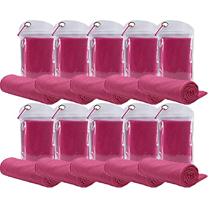 10 Pack Cooling Towels Bulk Microfiber Ice Towel Quick Dry Breathable Chilly Sweat Towel Stay Cool for Neck Face Yoga Gym Workout Running Pilates Beach with Carabin Bag, 40x12'', Rose - color: Rose Red