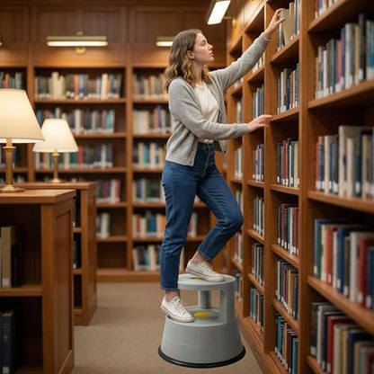 Rolling Step Stool with Wheels, 330lbs Capacity, Non-Slip Platform & Retractable Casters,Round Kick Stool for Library,Kitchen,Office,Garage,Portable for Adults/Seniors/Kids（LightGray）
