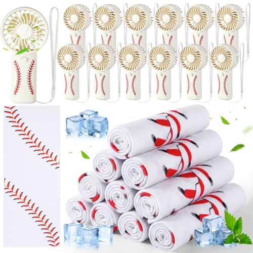 Retisee 24 Pcs Baseball Cooling Towel Mini Portable Fan Set 32 x 12 Inch Workout Towels Handheld Battery Powered Fan Sporting Baseball Gifts for Summer Team Gift Travel Camping Makeup Yoga Running